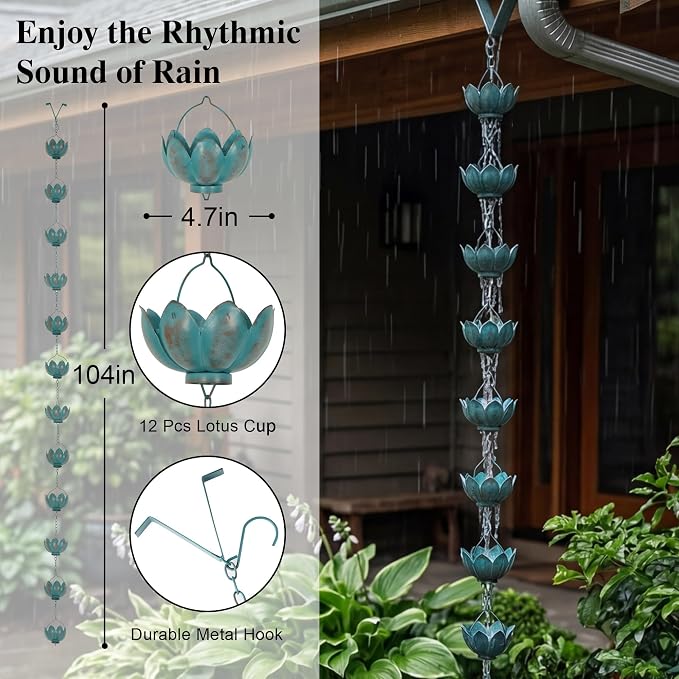 Topadorn Lotus Rain Chain for Gutters, 8.5 FT Decorative Metal Rain Chain with 12 Lotus Cups, Turquoise Patina Downspout Alternative for Garden Patio Yard Decor