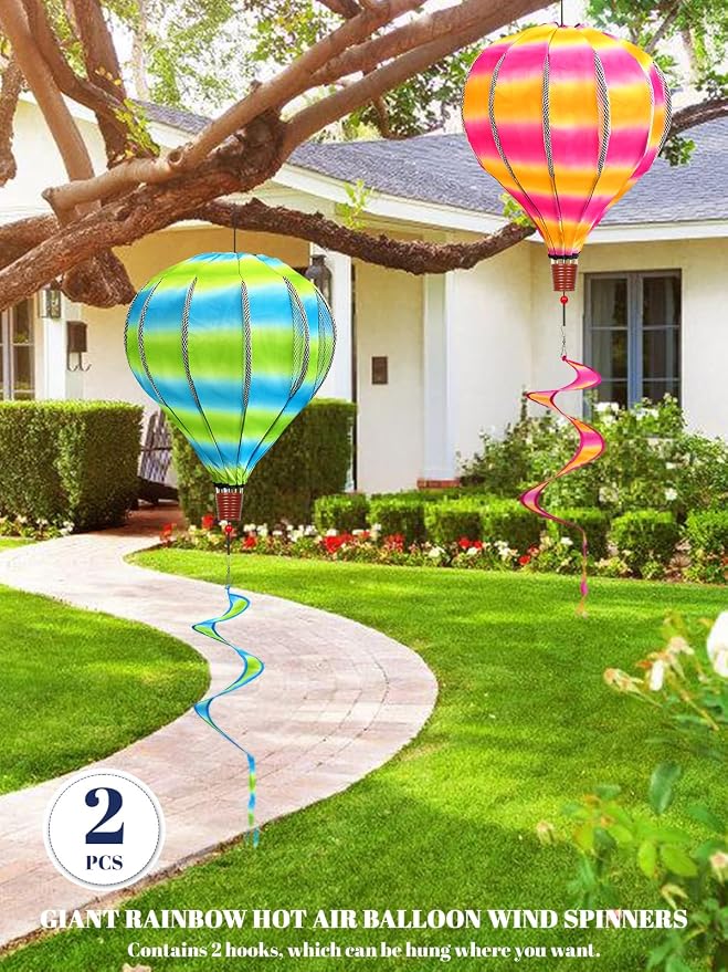 2PCS Giant Rainbow Hot Air Balloon Wind Spinners 14" W x 59" H Large Multicolor Whirligig Wind Spinner Hanging Ornaments for Yard Garden Lawn Outdoor Decorations(Pink&Green)