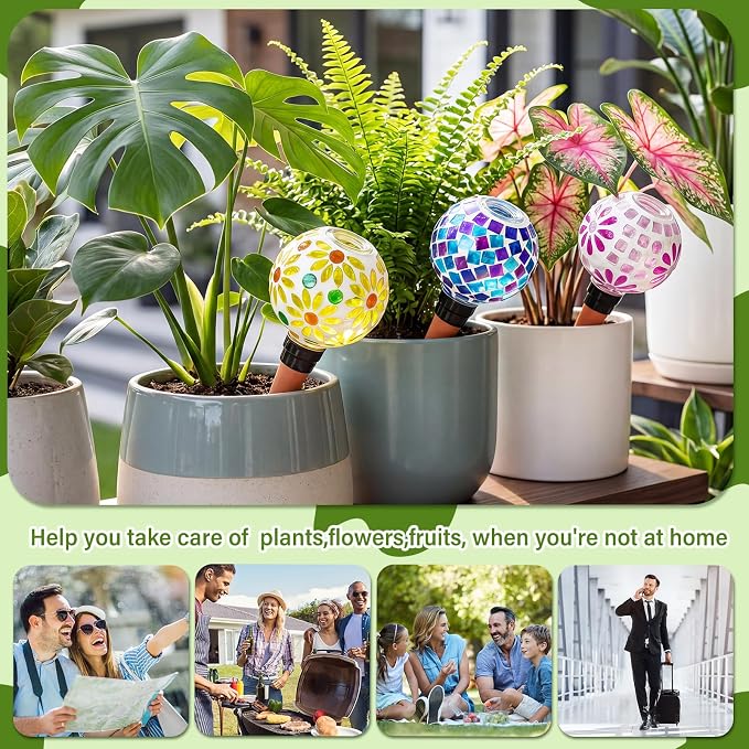 Frienda 3 Pack Mosaic Self Watering Spikes Plant Watering Globes Slow Release Vacation Insert Automatic Plant Waterer Device for Indoor Outdoor Automatic Waterer