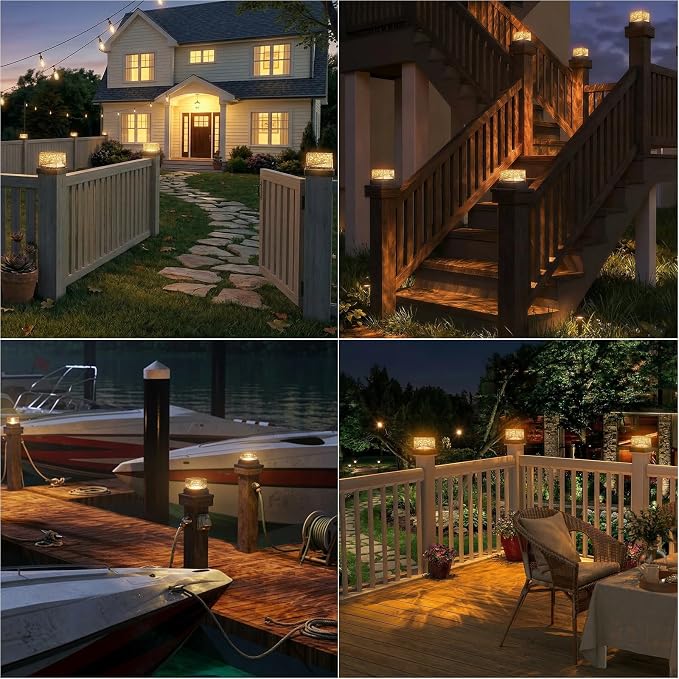 8Pack Crack Pattern Solar Post Cap Lights, DIY Firefly String Light Fence Post Solar Lights, 4x4 5x5 6x6 Vinyl/Wood Deck Post Caps, Built-in Solar Panel, Steady & Flickering Outdoor Patio Decor