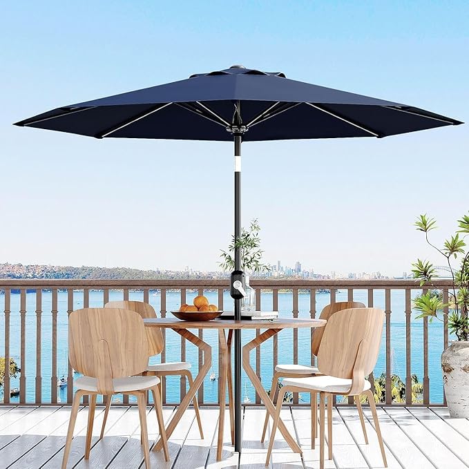 Garvee 9FT Patio Umbrella - Outdoor Table Umbrella with Crank Lift & Push Button Tilt - Market Umbrella 8 Sturdy Ribs UV Protection for Pool, Deck, Yard, Garden, Navy Blue