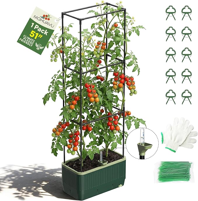 51" Self Watering Planter Box with Trellis, Tomato Planter Trellis for Raised Garden Bed, Tomato Cage with Visual Water Indicator, Indoor Outdoor Tomato Cages for Garden Patio