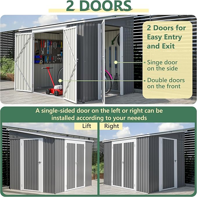 YOPTO 8x6 FT Lean to Outdoor Storage Shed W/Adjustable Lockable Double Side Doors,Metal Shed W/Floor Frame & 2 Air Vents,Garden Tool House W/Updated Frame Structure,for Backyard Patio Lawn,Gray