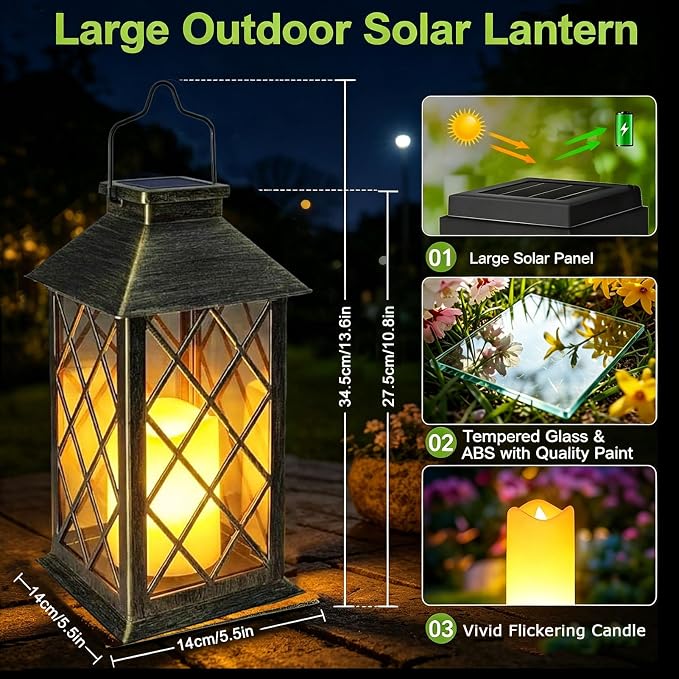 Yowin Solar Lanterns Outdoor Waterproof 14" Large Tempered Glass Solar Hanging Lantern for Outside with Flickering Candle, Mother's Gift Ideas, Wall Lamp for Garden Patio Vintage Decorations - Bronze