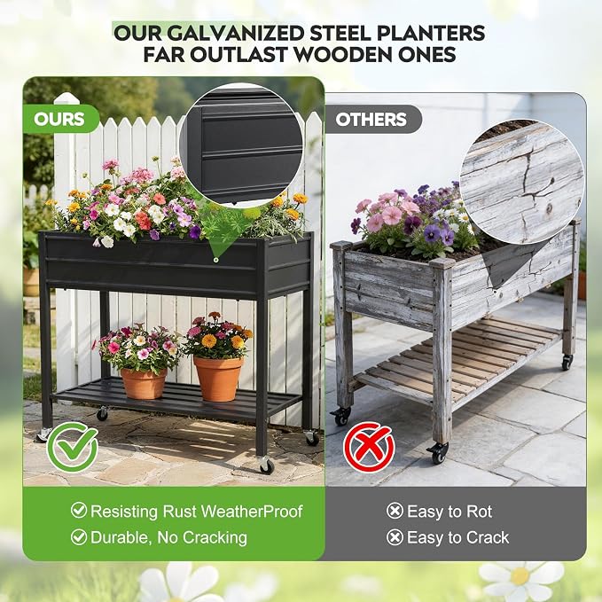 32" Tall Galvanized Raised Garden Bed with Legs Wheels & Shelf, Elevated Planter Box Outdoor for Vegetables, Herbs & Flowers, Patio & Backyard, Garden Bed with 400lb Capacity，Black