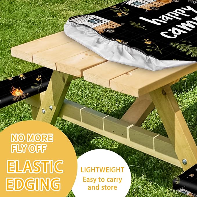 Picnic Table Cover with Bench Covers, Camping Essentials, Fitted Camping Tablecloth with Bag, Waterproof and oilproof with elastic Edge for Indoor Outdoor Patio, 72in (RV Camper)