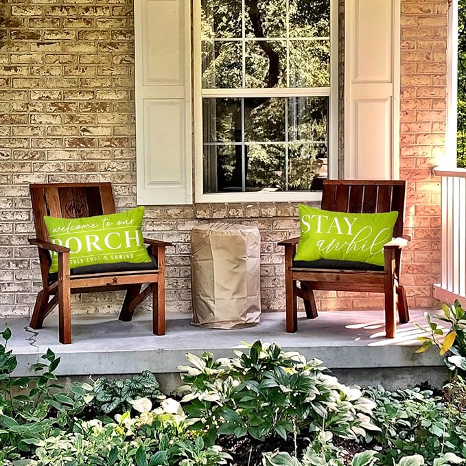 TAJWE Green Outdoor Pillow Covers Waterproof 12x20 Set of 2 Welcome to Our Porch Stay Awhile Cushion Cases for Patio Furniture Sofa Couch Decor