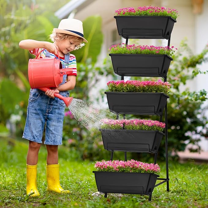 YBING Vertical Garden Planter 5 Tier Raised Garden Bed Outdoor Tiered Herb Garden Planter Standing Vertical Planter Box Flowers Vegetables Planters Black