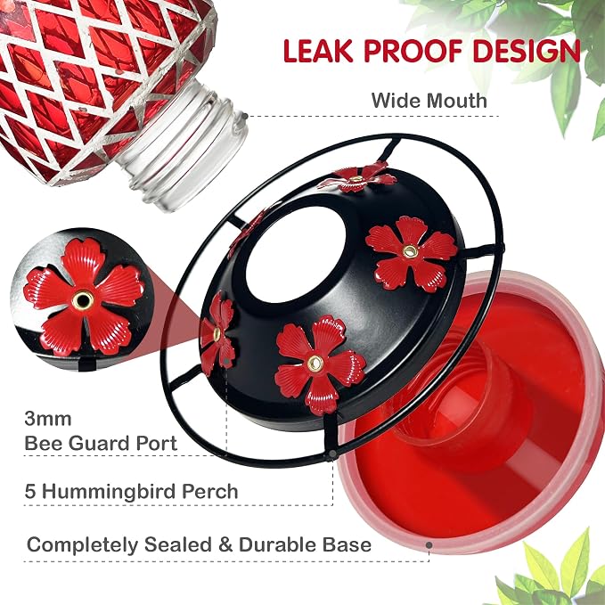 Glass Hummingbird Feeder, Red Hummingbird Feeders for Outdoors Hanging, 19 Ounces, Mosaic Bottle Easy to Clean, 5 Feeding Ports, Ant Moat Included