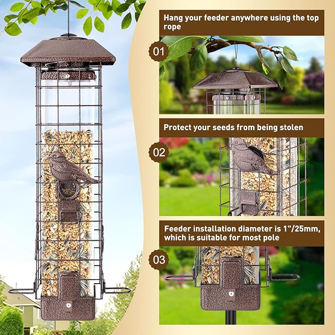 Squirrel Proof Bird Feeder for Outdoors Hanging, 3LB Large Capacity Metal Wild Feeder with Gravity Protection, 4 Ports, Durable & Weatherproof for Cardinals, Chickadees, Backyard Bird Watching