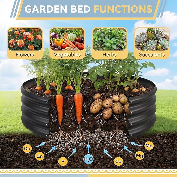 Land Guard 3×3×1ft Galvanized Raised Garden Bed Kit, Round Galvanized Planter Raised Garden Boxes Outdoor, Large Metal Raised Garden Beds for Vegetables, Grey