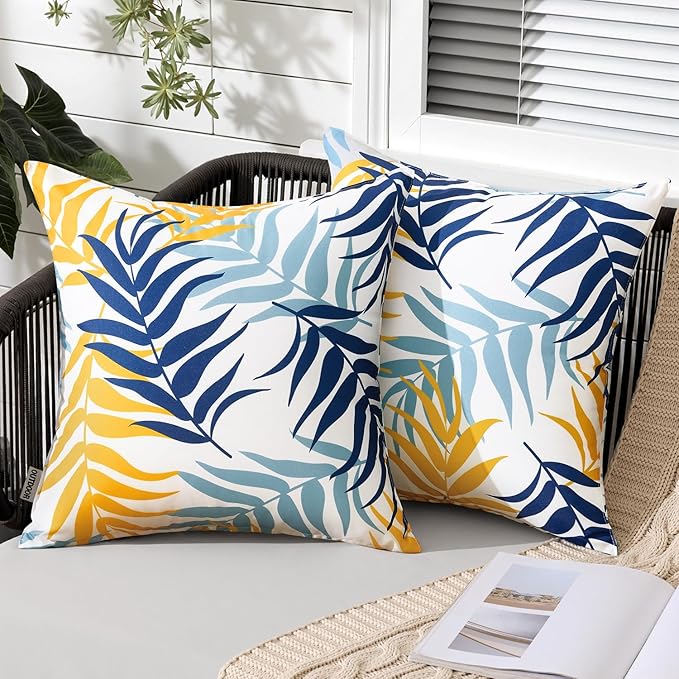 MIULEE Pack of 2 Decorative Outdoor Waterproof Throw Pillow Covers Patio Pillow Cases Natural Leaves Pattern Spring Square Cushion Shams Shell for Garden Balcony Couch 18x18 Inch, Yellow Blue