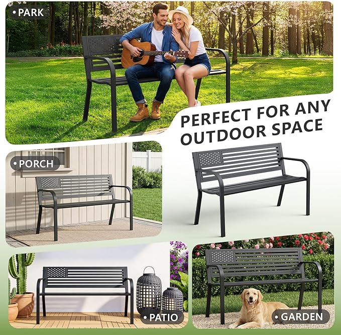 Outdoor Bench, Sturdy Metal Garden Bench with Classic Stars and Stripes Design Metal Backrest, 2-Person Patio Bench for Outside Seating, Cast Iron Steel Porch Yard Lawn Furniture, Black
