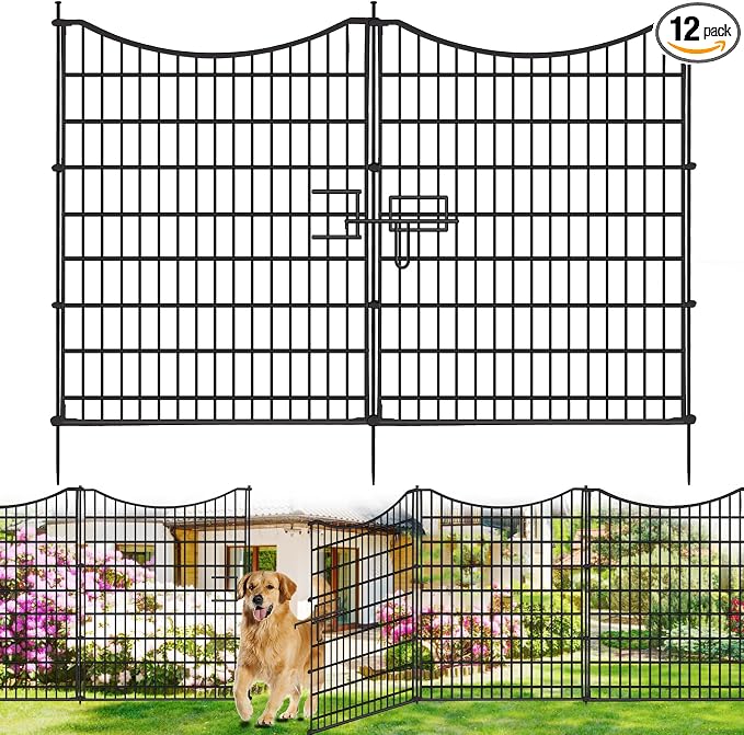 12 Panels No Dig Decorative Fence with Gate, 42 in(H) X 27 ft(L) Tall Garden Fence Animal Barrier, Rustproof Metal Wire Edging Border, Temporary Dog Blocker for Outdoor, Yard, Patio