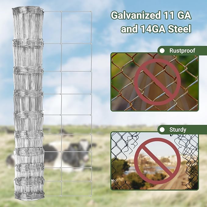 Farm Fence 4FT x 100FT, Galvanized Cattle Fence | Heavy Zinc Coating Wire Fencing, 14GA Livestock Fence, Goat Fence, Hog Wire Fencing Perfect for Livestock, Animals Protection