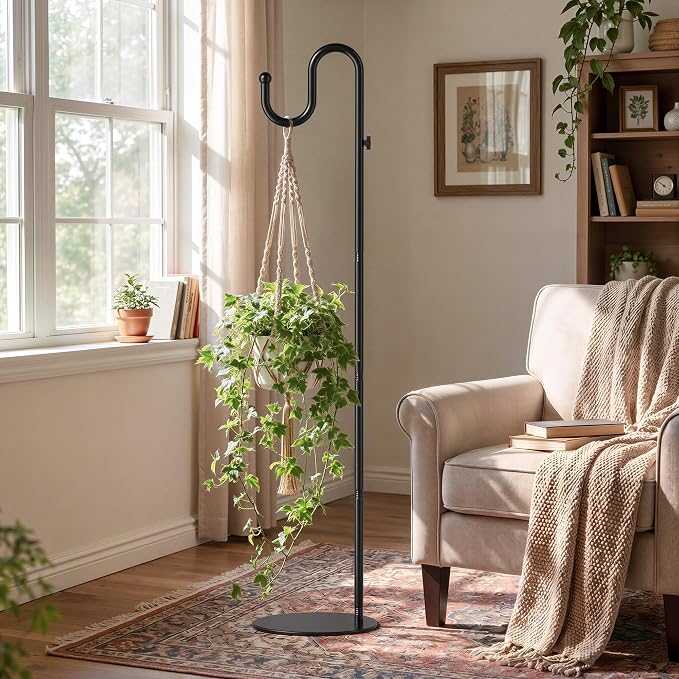 74" Shepherds Hook Stand, Adjustable Wind Chime Stand with Heavy Duty Base, Free Standing Plant Hanger Pole for Bird Feeders, Lanterns, Wreaths & Plants, Indoor Outdoor, Holds Up to 20 LBS, Black