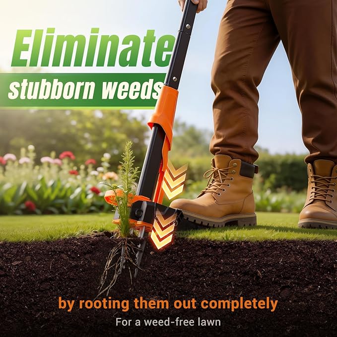Weed Puller Tool - Stand Up Weed Puller with 4-Claw Steel Head, 39"-46" Retractable Handle & Easy-Eject Mechanism for Dandelions, Clover & More, No Bending or Kneeling