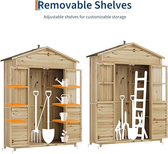 GarveeLife Patio Storage Shed Wooden, Outdoor Storage Cabinet with Weather-Resistant Roof, Garden Tools Shed with 6 Movable Shelves, Waterproof Roof, 4 Metal Stakes, 2 Anti-Falling Devices