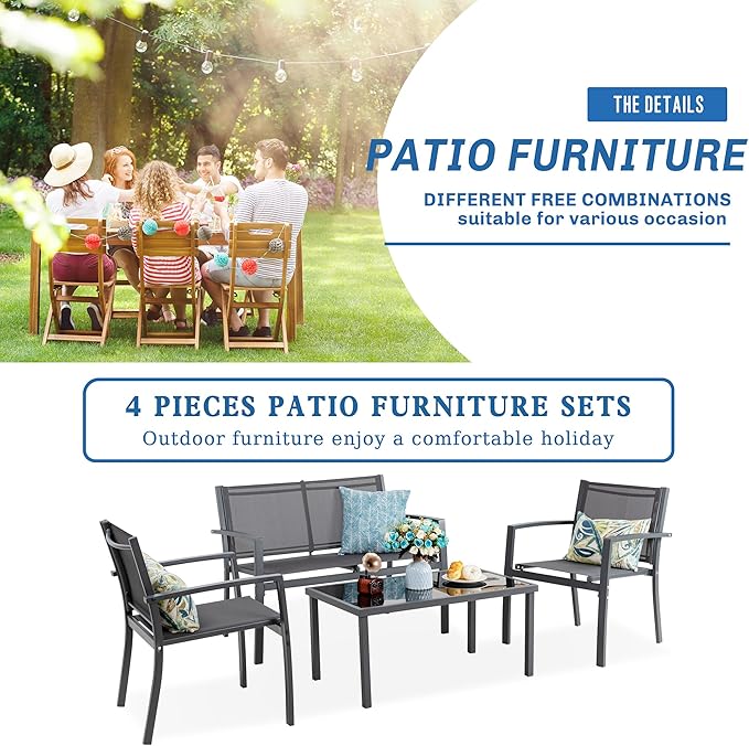 Vongrasig 4 Pieces Patio Furniture Set, Outdoor Patio Conversation Sets, Small Porch Balcony Furniture on Clearance, 4 Piece Patio Set for Deck, Garden, Backyard (Grey)