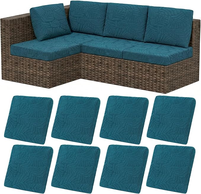 HEBE Stretch Patio Cushion Covers Set 8pcs,Waterproof Outdoor Couch Covers Replacement,Washable Reusable Seat Cushion Slipcovers for Patio Furniture Protector,Chair Cushion Cover