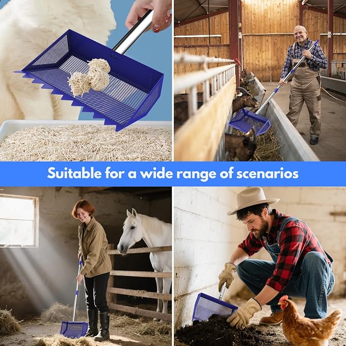 Chicken Poop Scooper Rake 2-in-1,304 Stainless Steel Shovel Head, Chicken Litter Scoop with Handle for Chicken Coop for Sand, Pet Waste Cleaning, Litter Sifting Shovel (35 to 65")