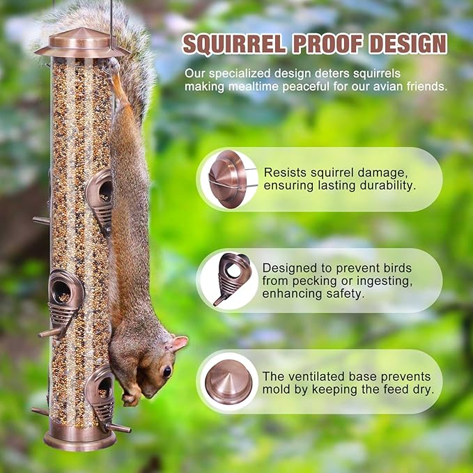 ERYTLLY Metal Bird Feeder for Wild Birds - 1.4mm Extra Thick Solid Transparent Tube With Steel Hanger, Squirrel Proof for Outside (Antique Copper-Metal 6 Feeding Ports)