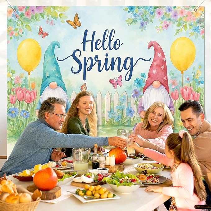 BlissYard Hello Spring Backdrop Cute Gnome Garden Scene Colorful Flowers Butterfly Fence Photo Booth Background Spring Party Home Decoration 8x6ft for Birthday Celebration Classroom Event Display