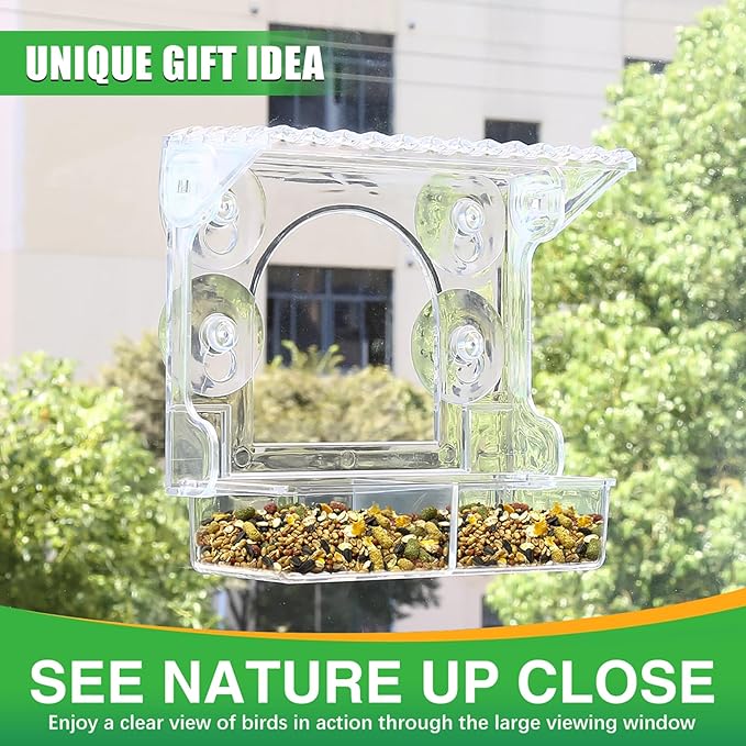 Window Bird Feeder with 4 Extra Strong Suction Cups, Clear Birdfeeders Bird House for Outdoors Window Viewing Outside, Removable Tray Birdhouse