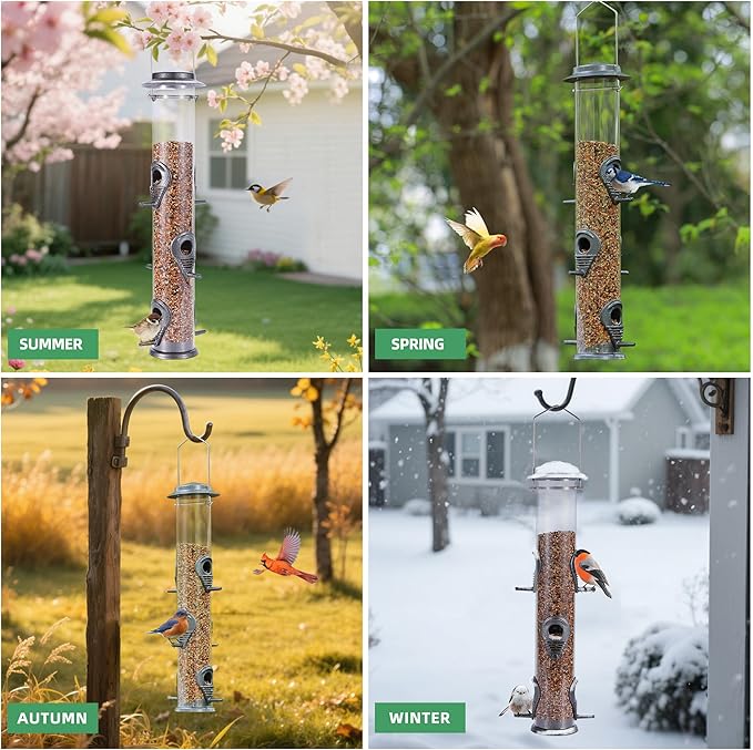 MIXXIDEA 2PK Metal Bird Feeders with 6 Feeding Ports,Tube Bird Feeder with Steel Hanger,Hard Plastic Wild Bird Feeder for Outdoors Hanging, Attracting Birds in Your Lawn, Garden, Balcony (Grey)