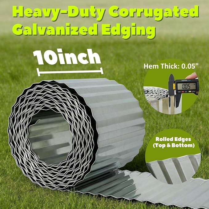 A ANLEOLIFE 60FT Galvanized Steel Landscape Edging Roll, 10" Tall Sturdy Flexible Corrugated Metal Lawn Border for Garden, Pathway & Flower Beds, Silver