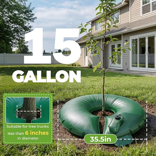 HIRALIY 15 Gallon Tree Watering Bag, 2 Pack Watering Ring, Slow Release 1-5 Days, Deep Root & Automatic Drip Irrigation System, for Multi-Trunk Newly Planted Small Trees and Shrubs