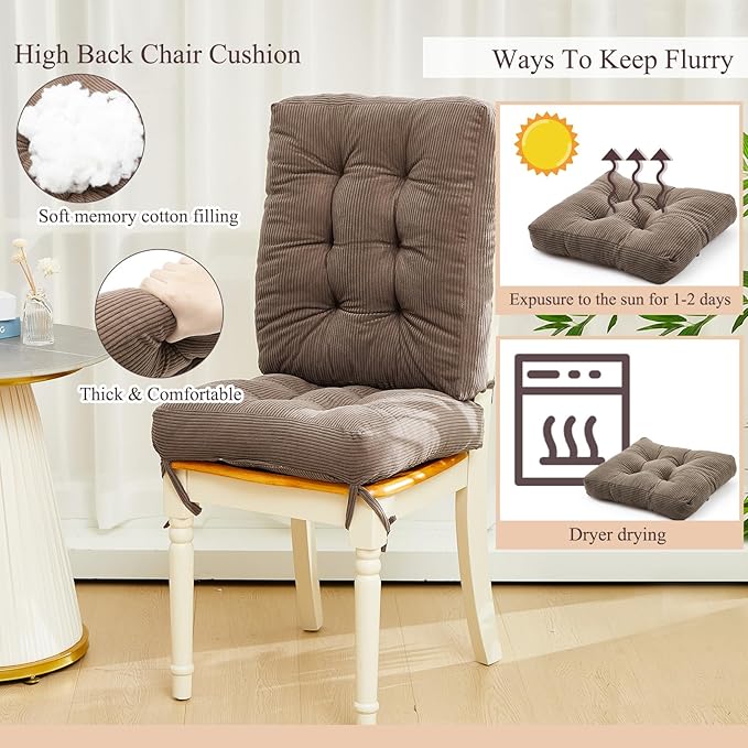 Juexica 4 Set Outdoor Patio Chair Cushions Corduroy Seat High Back Tufted Pillow Replacement Rocking Patio Chair Pads for Outdoor Indoor Home Office(Grayish Brown)
