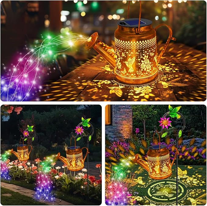 2 Pack Solar Lanterns Outdoor, Gifts for Mom Grandma Women Wife Daughter Mother's Day, Hummingbird Watering Can Lights with Shepherd Hook, Solar Path Light Yard Art Outside Patio Decor (Multicolour)