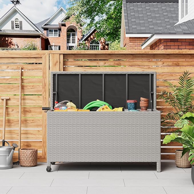 120 Gallon Rattan Deck Box, Outdoor Storage Box With Wheels and Handle, Waterproof Large Storage Bench Organizer for Patio Backyard Cushions, Pool Supplies and Garden Tools, Grey