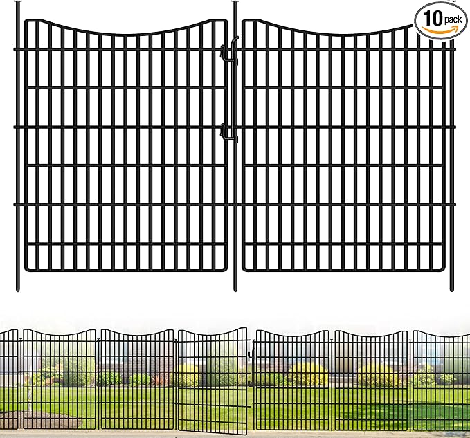 10 Panels Garden Fence Animal Barrier, 33 in(H) X 24 ft(L) Dog Fence Outdoor for Yard with Lock, Tall Metal Fencing with Ground Stakes, Temporary Fencing for Dog, Rabbits, and Patio Border