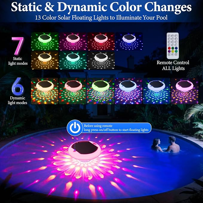 Floating Pool Lights Solar Powered, 6.7 Inch 13 RGB Upper & Lower Color Changing Solar Pool Lights that Float, 2600mAh Rechargeable IP68 Waterproof Pool Lights with Remote for Hot Tub Party 4 Pack