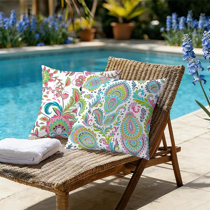 NIGHTWISH Outdoor Waterproof Pillow Covers 20x20 Set of 4 Spring Summer Floral Boho Decorative Outdoor Throw Pillows Paisley Cushion Cases for Patio Furniture Bench Couch Sunbrella