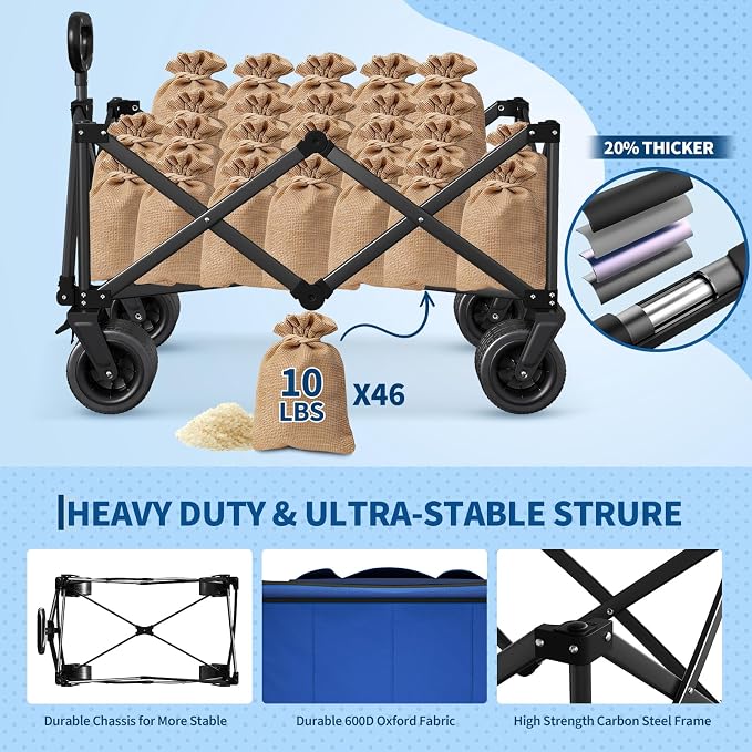 Wagon Carts Foldable, 460LBS Weight Capacity 280L Collapsible Wagon with All-Terrain Wheels, Drink Holders, Storage Cover&Elastic Rope, Utility Carts for Groceries, Shopping, Camping, Sports -Blue