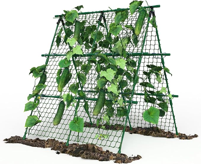 Garvee Outdoor Plant Support Trellis, 4 ft x 4 ft Metal A-Frame with Netting for Tomatoes Cucumbers Peas Beans Grapes, Climbing Vegetable Garden Trellis for Raised Beds, Green