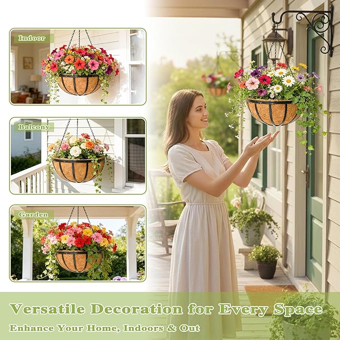 14 Inch Black Flat Iron Metal Hanging Planter Basket with Coco Coir Liner(4 Pack) Hanging Planters for Outdoor Plants Hanging Baskets for Plants Flower Pots for Deck Patio Porch Garden Balcony