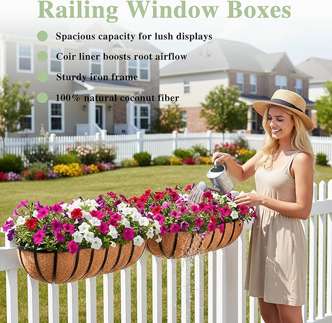 EIMQUVW 30 Inch Railing Planter Window Box Deck Balcony Rail Planter with Coco Liner Metal Wall-Mounted Coconut Liner Basket English Horse Trough for Outdoor Balcony Porch Fence Patio (2 Pack)