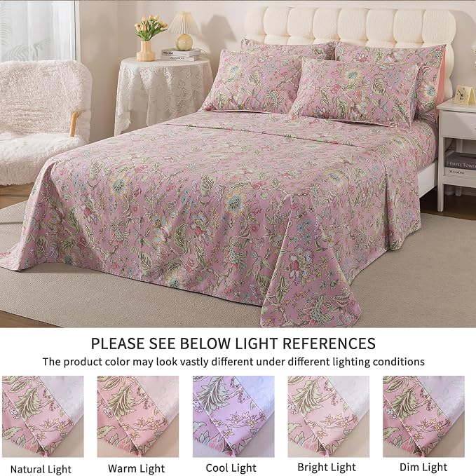 FADFAY Full Sheet Set 4Pcs 100% Egyptian Cotton Bed Sheets Deep Pocket Soft Breathable Vintage Misty Pink French Country Bedding Shabby Cottagecore Floral Bedding Luxury Hotel Quality for All Seasons