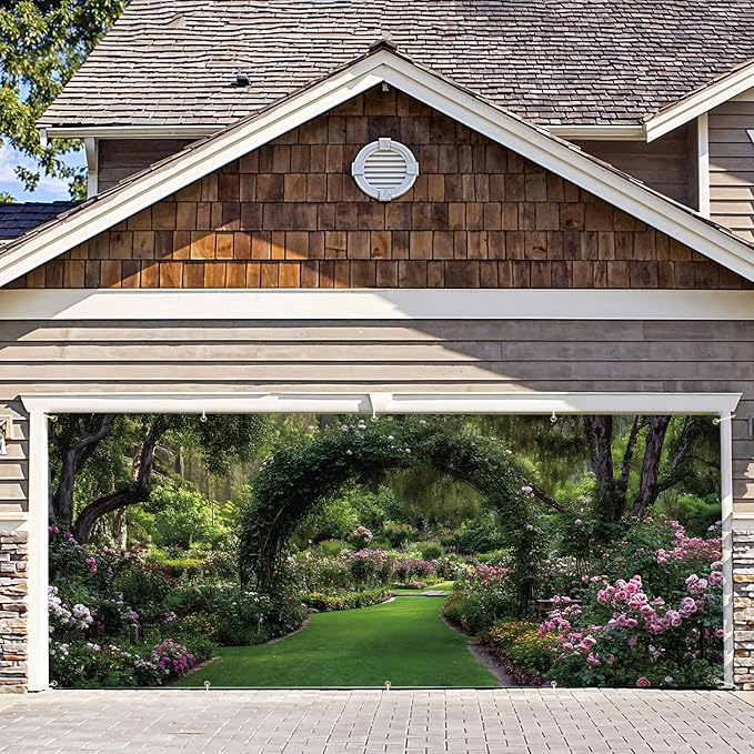 7 * 16FT Summer Garage Door Cover Decorations Sunset Palm Trees Garage Door Banner for Outdoor Indoor Summer Party Photography Backdrop (Green leaf arch, 7 * 16 ft)