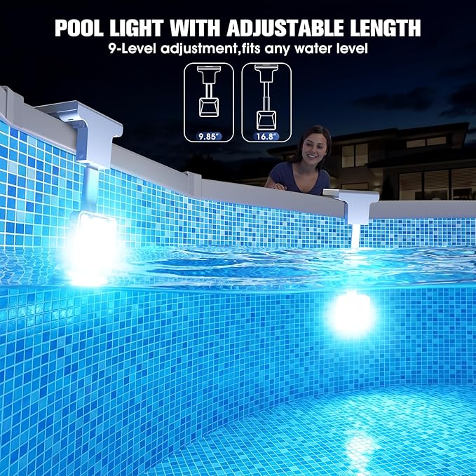 Solar Pool Light for Steel Wall Above Ground Pool Light,Submersible Pool Light with LCD Pool Thermometer,Underwater light for Pool Accessories,10 Light Modes Swimming Pool LED Lighting,1PC
