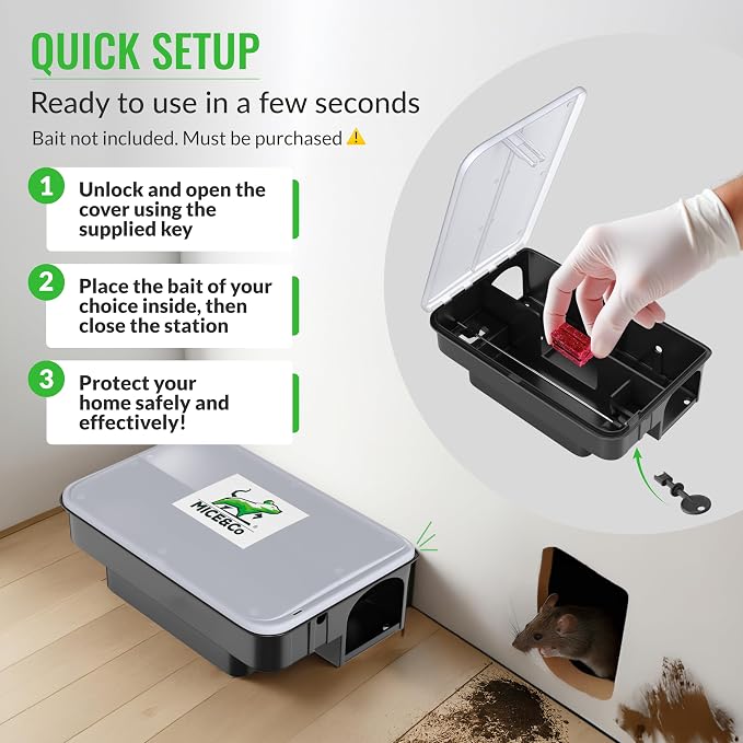 Mice&Co Professional Rat Bait Stations 4 Pack – Lockable Rodent Traps for Outside & Inside – Heavy Duty, Weather-Resistant Bait Boxes with Transparent Lid & Dual Entry – Tamper-Proof – Pet Safe