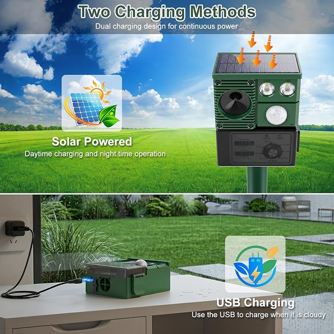 Solar Ultrasonic Animal Repellent, 2026 Upgraded Cat Repellent Outdoor with Motion Sensor & Flash Light, Waterproof Deer Raccoon Squirrel Rabbit Dog Skunks Deterrent for Farm, Garden, Lawn