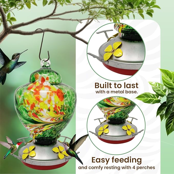 Nature Gear Glass Hummingbird Feeder for Outdoors, Hanging Bird Feeder with Ant Moat, Hand-Blown Glass Garden Feeder, Easy Clean Wide Mouth, Rust Resistant, 38 oz, Emerald Green