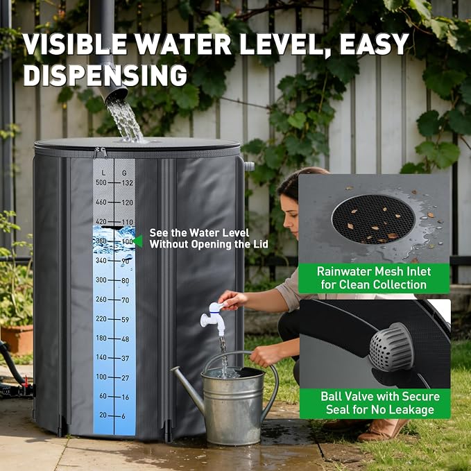 Yesker Collapsible Rain Barrel, 132 Gallon Portable Rainwater Collection System, 550D PVC Water Storage Tank, Rain Catcher with Spigots Filter Overflow Kit, Grey
