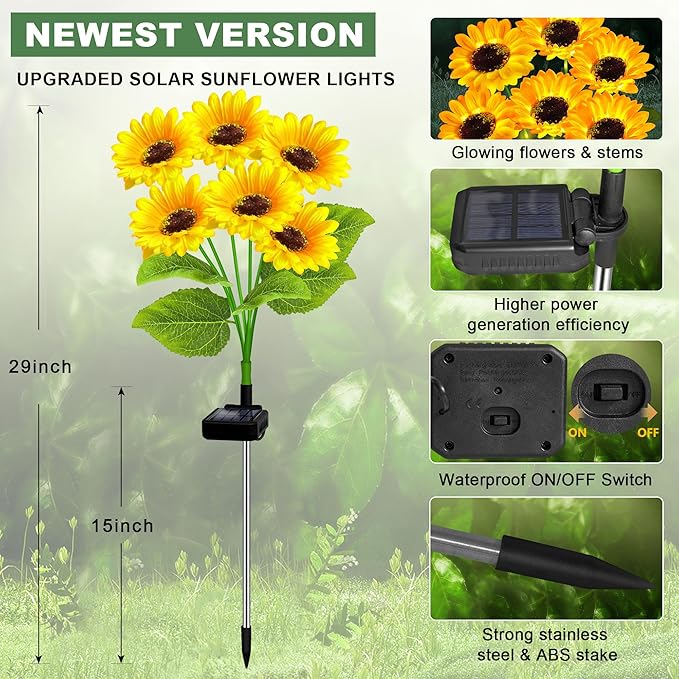 EDOF 2 Pack with 12 Sunflower Solar Lights Outdoor Garden Decor,Solar Flowers Lights Waterproof,Sunflowers Gifts for Mom Women Grandma Birthday,Decorative Stakes Lights for Landscape Yard Patio Lawn