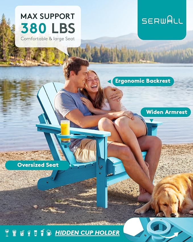 SERWALL Folding Adirondack Chair with Cup Holder Outdoor Adirondack Chairs Weather Resistant Patio Chair Fire Pit Chairs - Light Blue